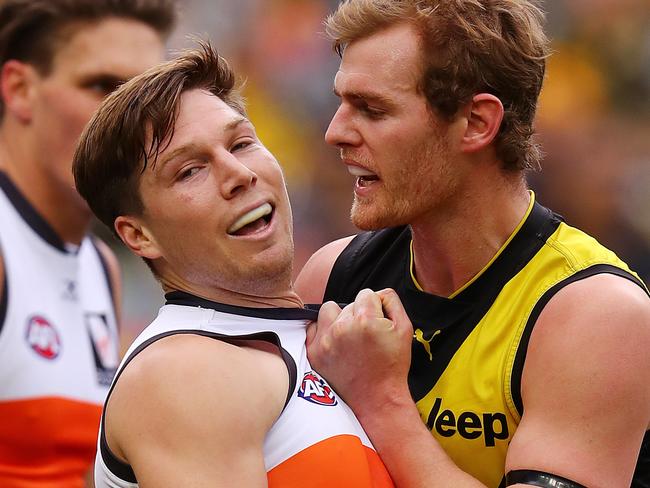 Richmond vs. GWS Giants at the MCG. Richmond's David Astbury remonstrates with GWS Giants Toby Greene after Greene and Rance incident . Pic: Michael Klein