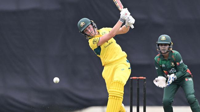 Australiaâs Annabel Sutherland (L) plays a shot during the first one-day international (ODI) cricket match between Bangladesh and Australia at Sher-e-Bangla National Cricket Stadium in Dhaka on March 21, 2024. (Photo by MUNIR UZ ZAMAN / AFP)