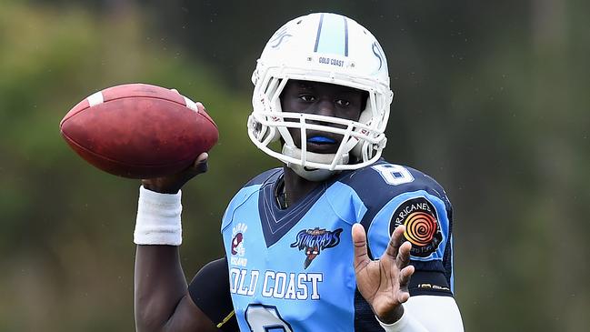 Gold Coast Stingrays Colts Gridiron team take on the Ravens at Glennon Park Nerang. No 8 for Colts Goor Kuwot-Chapari. Picture: Lawrence Pinder