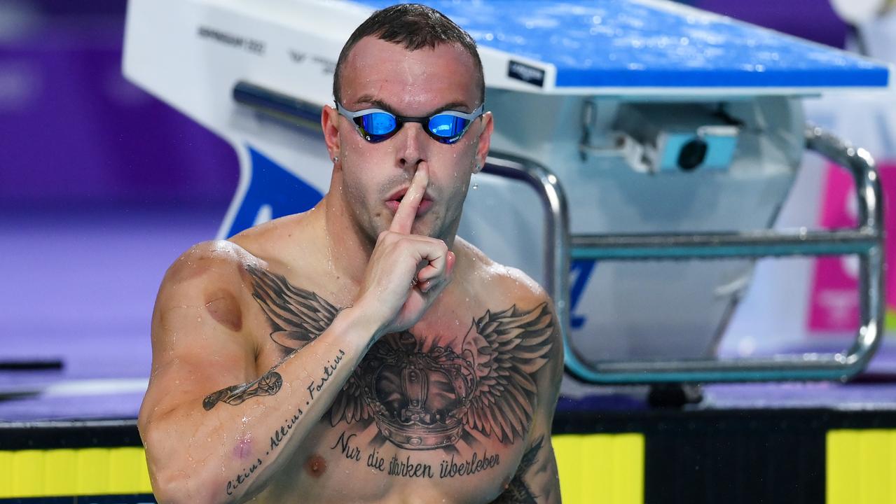 Kyle Chalmers celebrates winning gold in the men's 100m freestyle final with a shush. Picture: Shaun Botterill / Getty Images