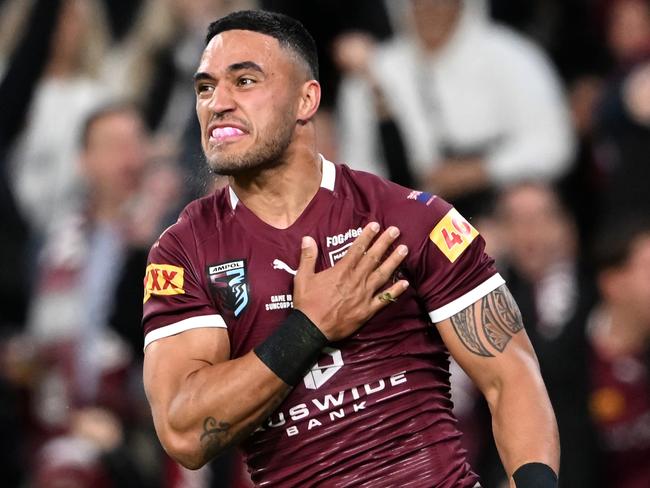 BRISBANE, AUSTRALIA - JULY 13: Valentine Holmes of the Maroons celebrates scoring a try during game three of the State of Origin Series between the Queensland Maroons and the New South Wales Blues at Suncorp Stadium on July 13, 2022 in Brisbane, Australia. (Photo by Bradley Kanaris/Getty Images)