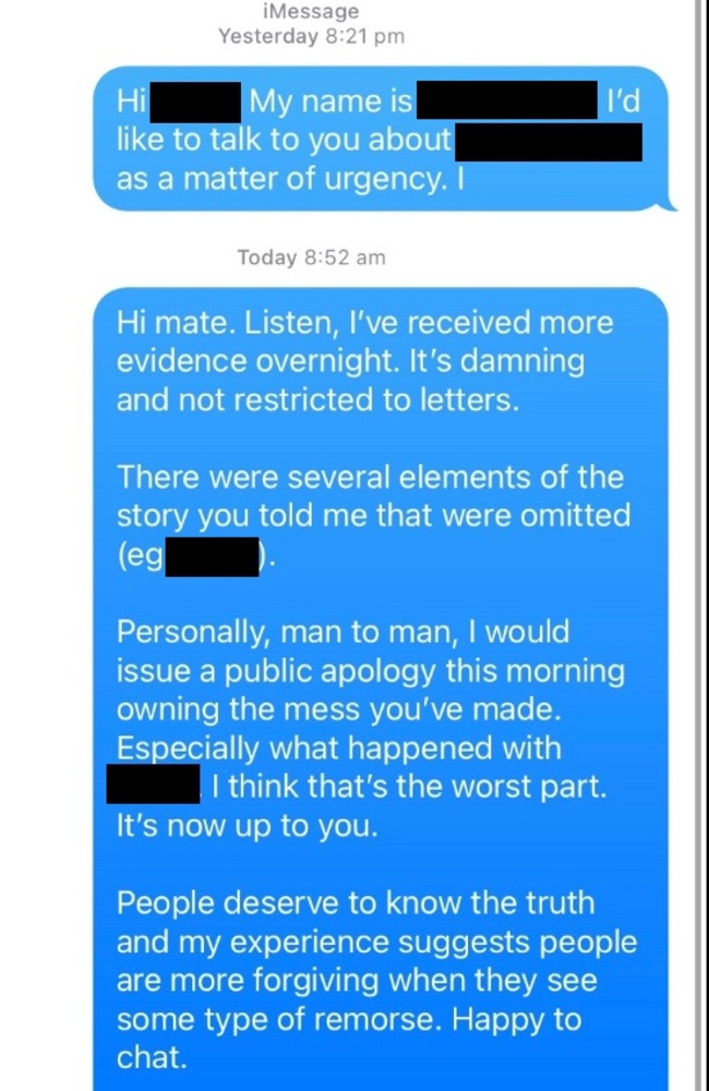 Screenshot of texts sent by a staffer to a former Liberal MP, claiming he had ‘proof’ the man had an extramarital affair.