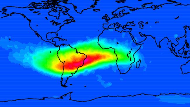 The South Atlantic Anomaly is an area where Earth's magnetic field is at its weakest. Picture: Cnes/CLS