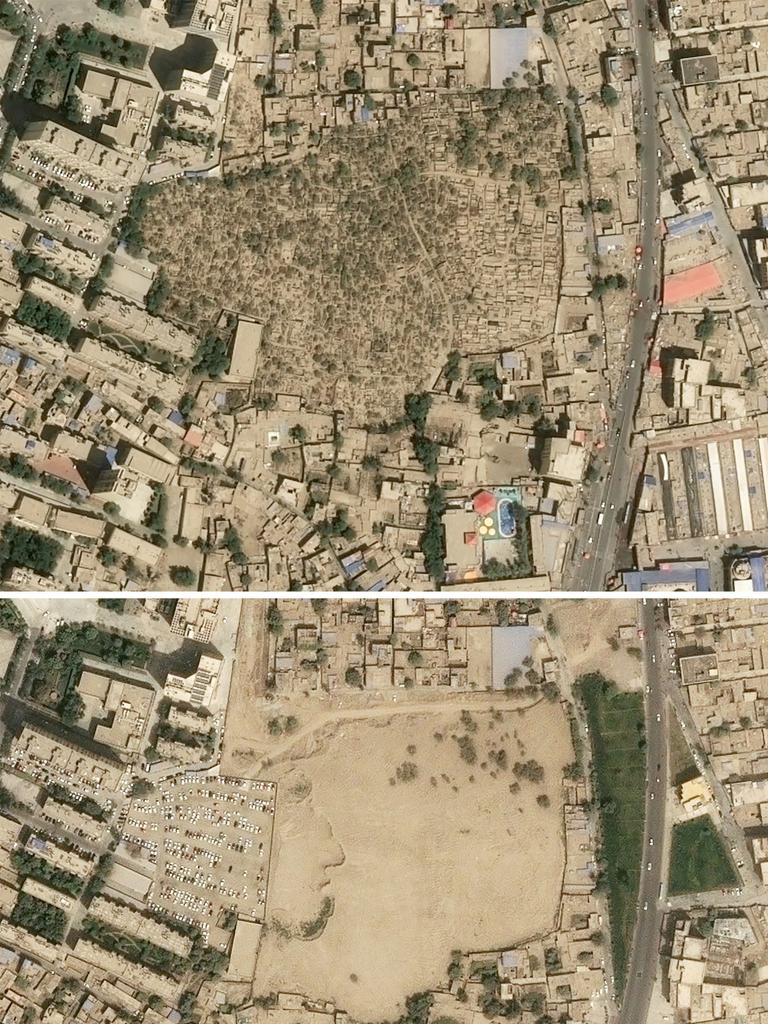 In addition to its alleged human rights abuses, Chinese authorities have also begun destroying Uighur cemeteries – as shown above in this satellite image. It shows a burial site has been replaced with a car park. Picture: AFP