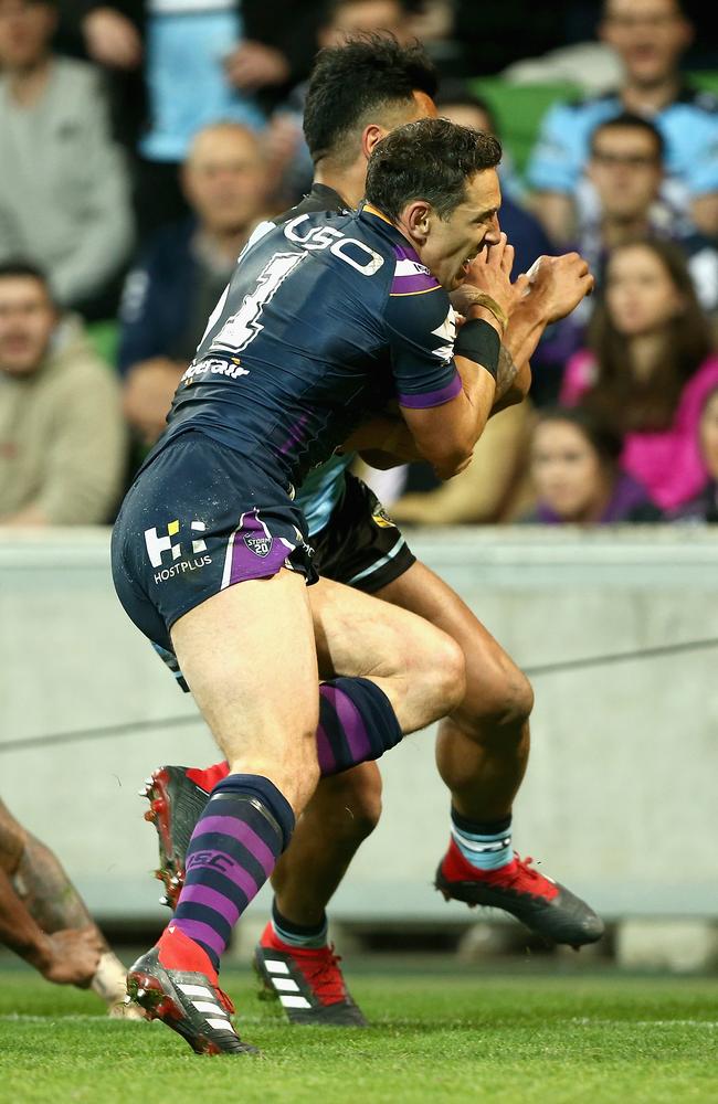 Billy Slater controversially escaped punishment for this shoulder charge on Sosaia Feki. Picture: Robert Prezioso/Getty Images
