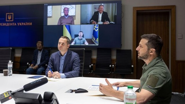 Ukrainian President Volodymyr Zelensky speaks on a remote video meeting in September with Andrew Forrest and Larry Fink about investment in rebuilding Ukraine. Picture: Ukrainian Presidency