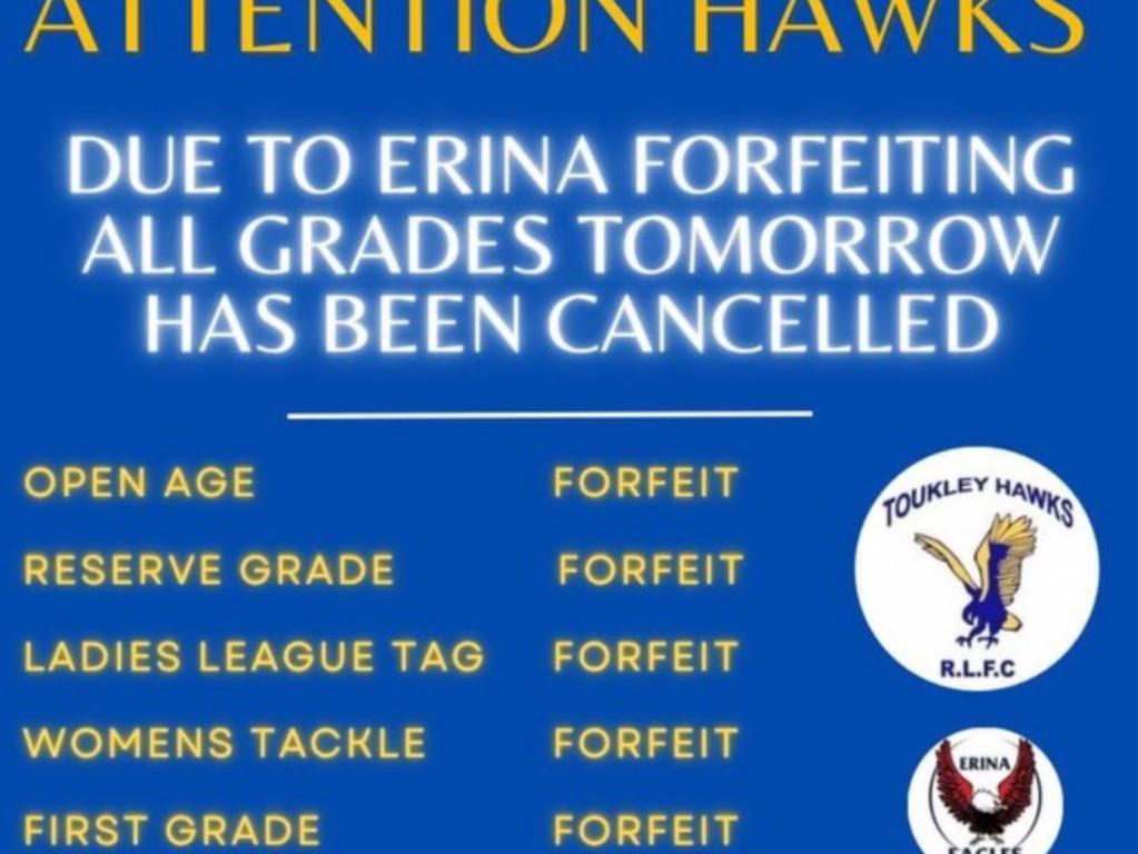 Toukley’s social media post informing fans and club members of Erina’s mass forfeit.