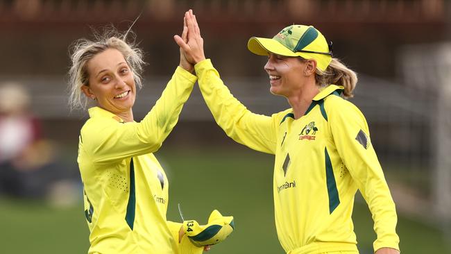 SYDNEY, AUSTRALIA - JANUARY 21: Ashleigh Gardner of Australia celebrates taking the wicket of Ayesha Naseem of Pakistan during game three of the Women's One Day International Series between Australia and Pakistan at North Sydney Oval on January 21, 2023 in Sydney, Australia. (Photo by Robert Cianflone/Getty Images)