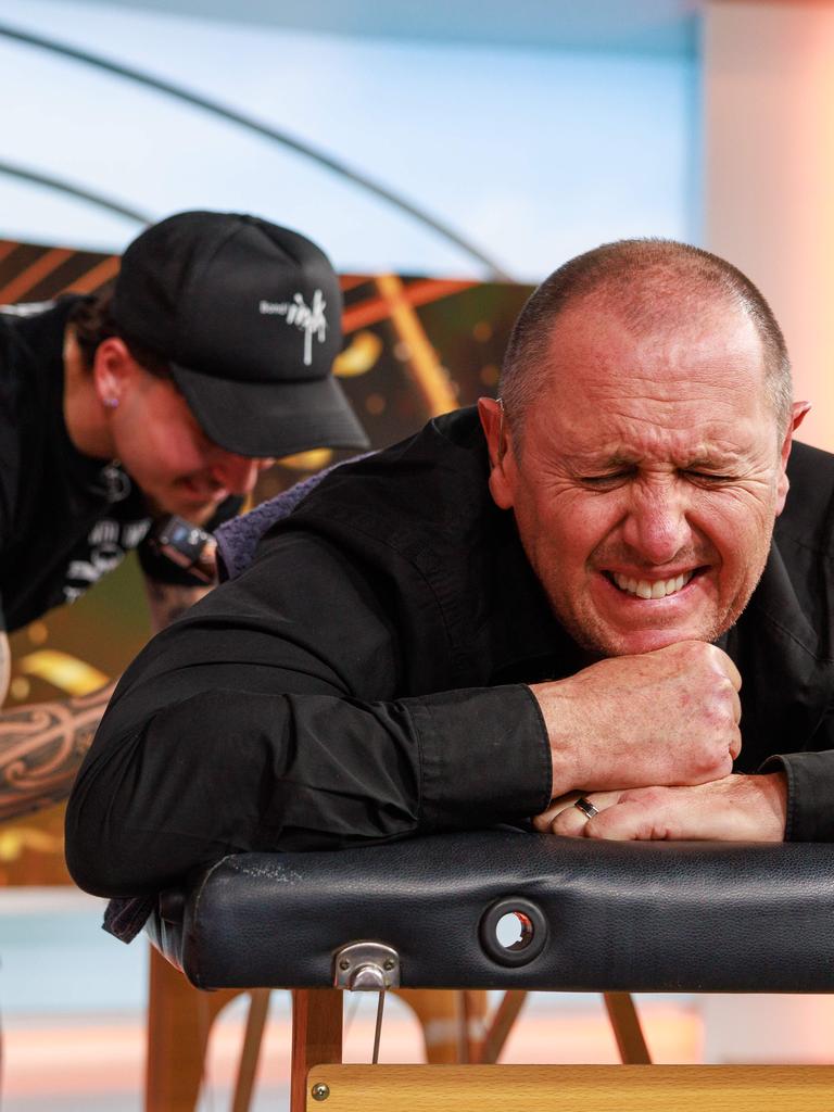 Emdur stuck to his word – getting a tattoo live on-air the morning after the Logies. Picture: Justin Lloyd