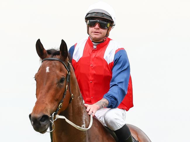 Blaike McDougall returns to the mounting yard on Down Low after winning the Jason Warren Racing #GetonBoard Handicap, at Mornington Racecourse on November 12, 2024 in Mornington, Australia. (Morgan Hancock/Racing Photos via Getty Images)