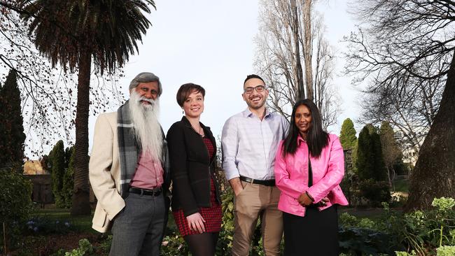 Mike Dutta, left, Holly Ewin, Simon Behrakis and Zelinda Sherlock form part of Hobart City Council’s new guard after being elected in October 2018. Picture: NIKKI DAVIS-JONES