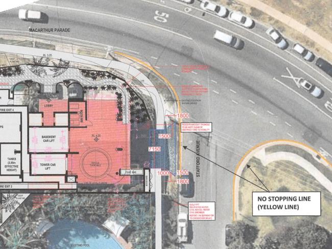 Aerial shot of the site for the planned Monaco building at Main Beach and parked vehicles opposite the surf club.