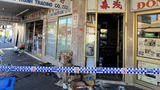 A Cabramatta grocery store erupted in flames overnight. Picture: Fire and Rescue NSW