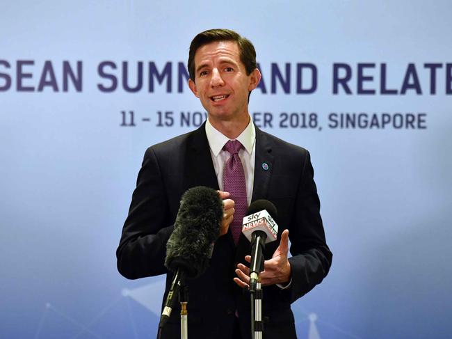 Trade Minister Simon Birmingham speaking in Singapore yesterday. Picture: AAP