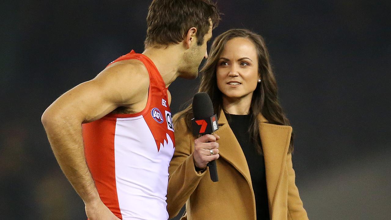 Daisy Pearce is as talented with the microphone as she is with the Sherrin. Pic: Michael Klein.