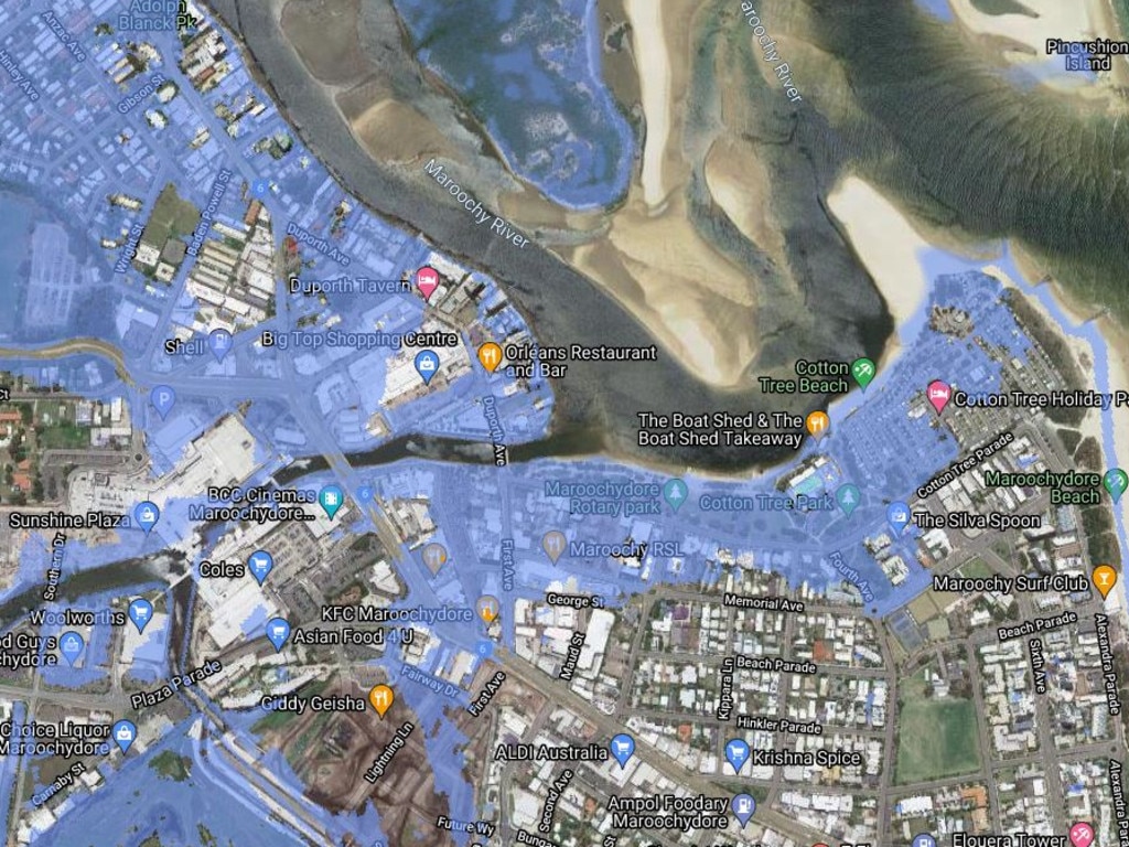 Maroochydore in 2100 as depicted by the Coastal Risk Australia Map.