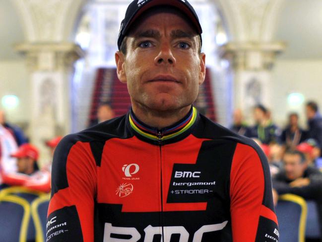 Australia's Cadel Evans poses during the ceremony of presentation of the teams on the eve of the start of the Giro d'Italia, in Belfast, Northern Ireland, Thursday May 8, 2014. The Giro d'Italia, Tour of Italy cycling race, will have three stages in Ireland, starting in Belfast on May 9 with stage 1 Time Trial followed by stage two along the Antrim coast and stage 3 finishing in Dublin on May 11. (AP Photo/Marco Alpozzi)