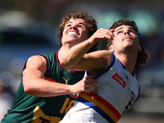 Devil Harry Elmber (left) is back in North Launeston’s line-up this week. (Photo by Graham Denholm/AFL Photos via Getty Images)