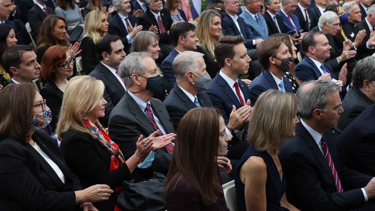 The scene at a suspected superspreader event in the White House’s Rose Garden, where there was no social distancing. Picture: Chip Somodevilla/Getty Images/AFP