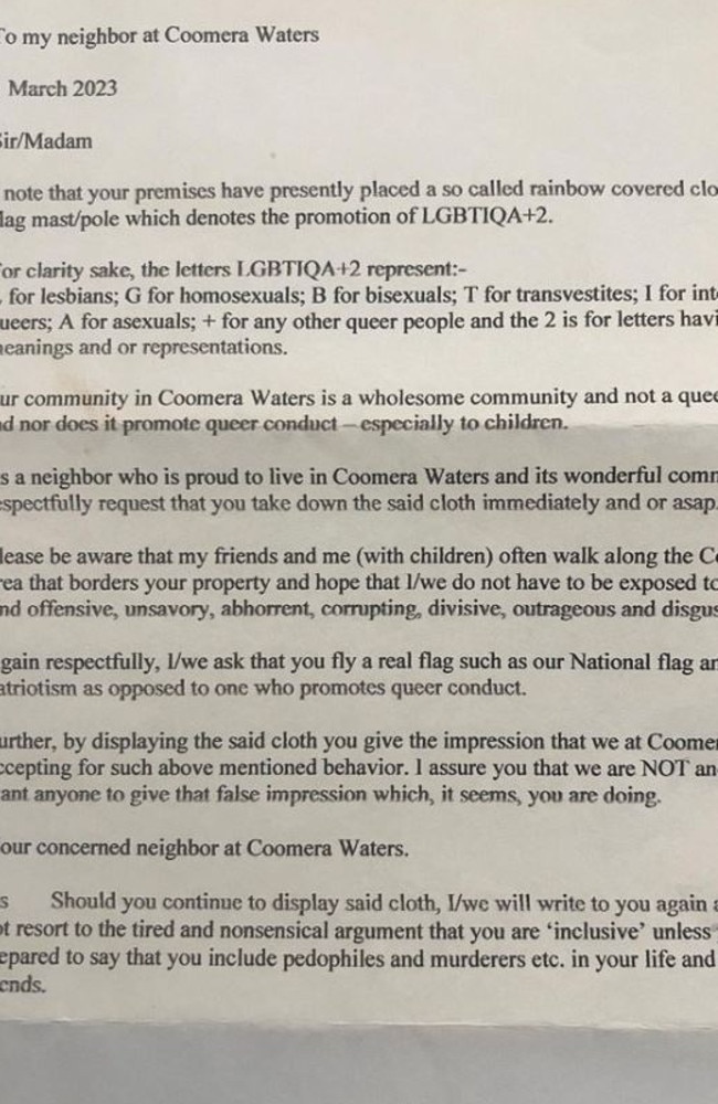 Summer Irvin was shocked to find this letter in her mailbox after she flew the rainbow flag in support of Pride Week. Picture: Instagram