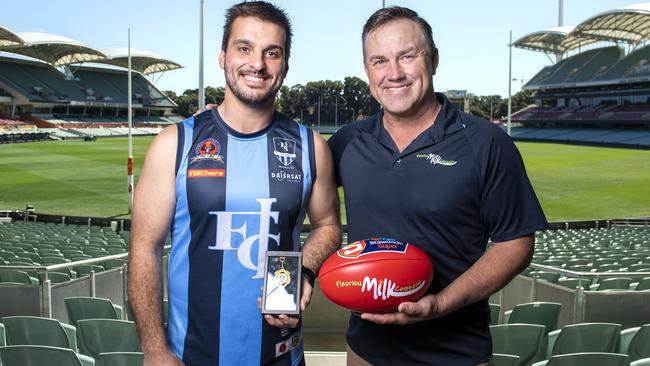 Former Imperial star Johnny Boras with Tony Modra after winning the inaugural Modra Medal as the RMFL’s leading goalkicker in 2021. Picture: Mark Brake