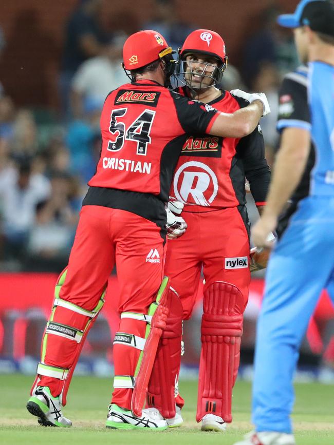 Dan Christian and Mohammad Nabi celebrate their matchwinning partnership. Picture: AAP