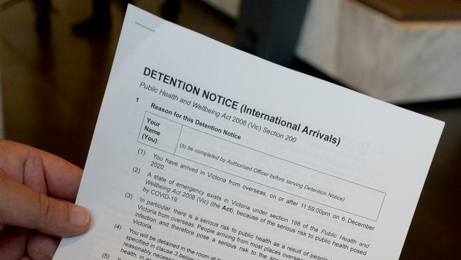 The Detention documentation every quarantined passenger is required to complete on arrival. Picture: Andrew Henshaw