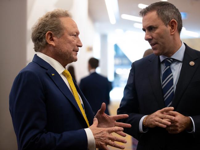 ASEAN-Australia Special Summit 2024 Dr Andrew Forrest AO, Executive Chiarman of Fortescue speaks with The Honourable Dr Jim Chalmers MP, Treasurer of Australia during the CEO Lunch - Panel Discussion at the ASEAN-Australia Special Summit 2024 in Melbourne, Tuesday, March 05, 2024. Photograph by Arsineh Houspian/ASEAN