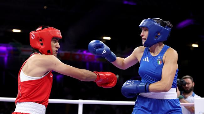 Imane Khelif of Team Algeria (L) and Angela Carini of Team Italy exchange punches during the Women's 66kg preliminary round match. Picture: Getty