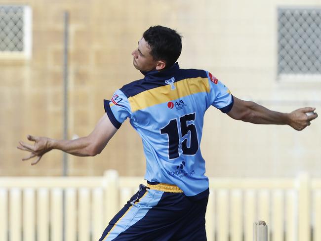 Far North Fusion player Tom Boorman bowls in the Bulls Masters Country Challenge T20 cricket match against the Country Colts Thunder, held at Griffiths Park. Picture: Brendan Radke