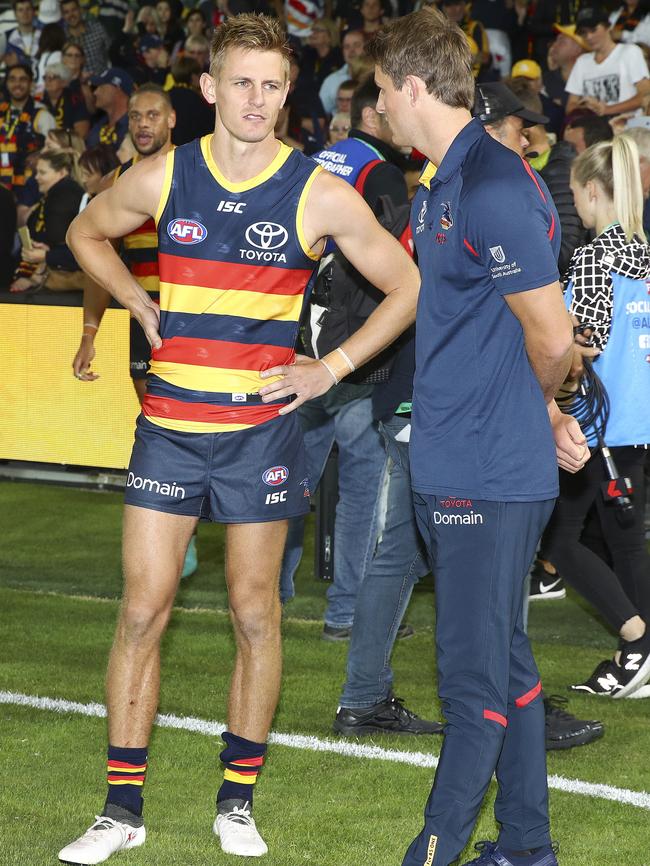 David McKay (concussion) and Matt Crouch (hamstring) stand on the sidelines after the win on Thursday. Picture: SARAH REED