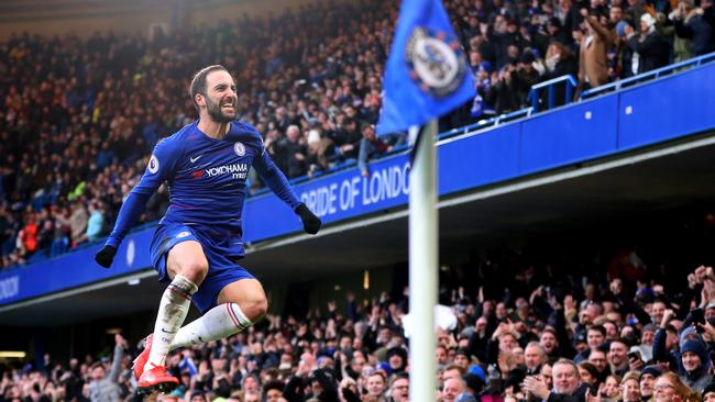 Gonzalo Higuain of Chelsea celebrates after he scores his team’s first goal against Huddersfield Town at Stamford Bridge. Picture: Getty Images