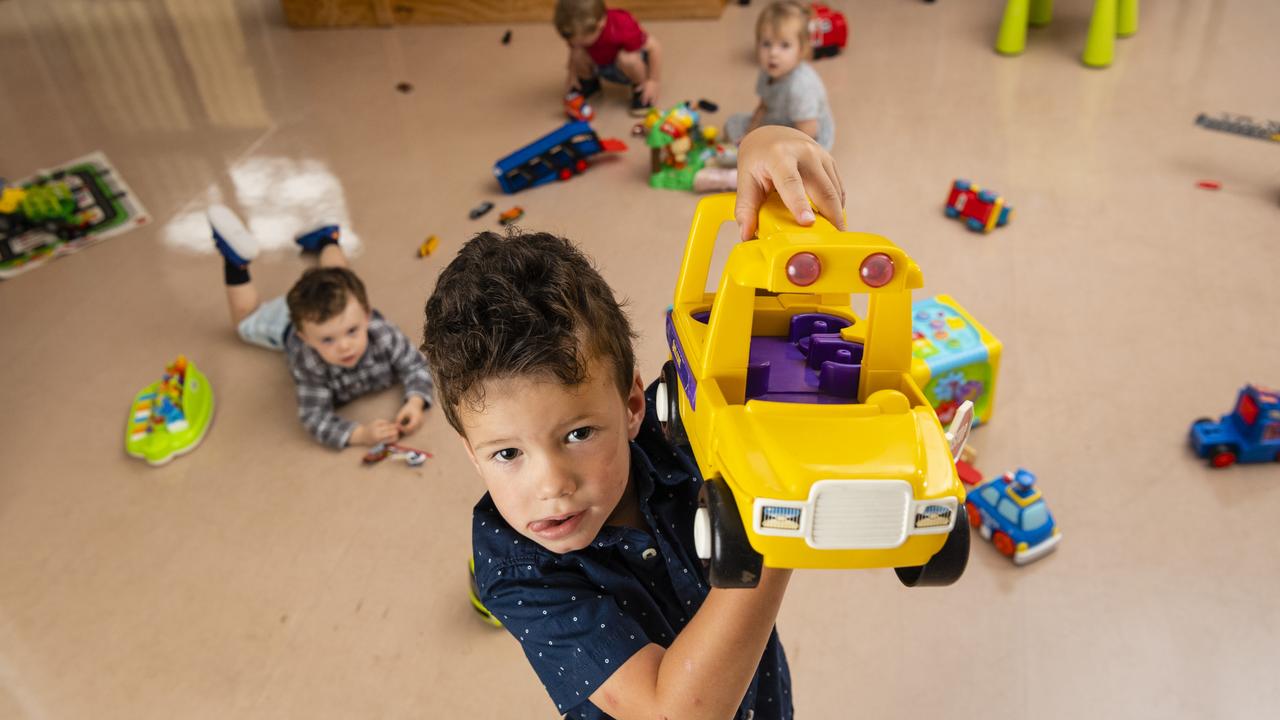 Waiting for the Toy Library to find a home are (front) Carter Keong with (back, from left) Riley Wilson, Harrison Keong and Matilda Banhidi as the Kath Dickson Family Centre head office, the Toy Library and other community programs are on hold until further notice due to water damage sustained in the January hailstorm, Thursday, March 10, 2022. Picture: Kevin Farmer