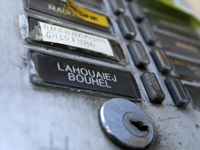 The plate of the interphone shows the name of Mohamed Lahouaiej Bouhlel outside the building where he lived in Nice, southern France. Picture: Luca Bruno