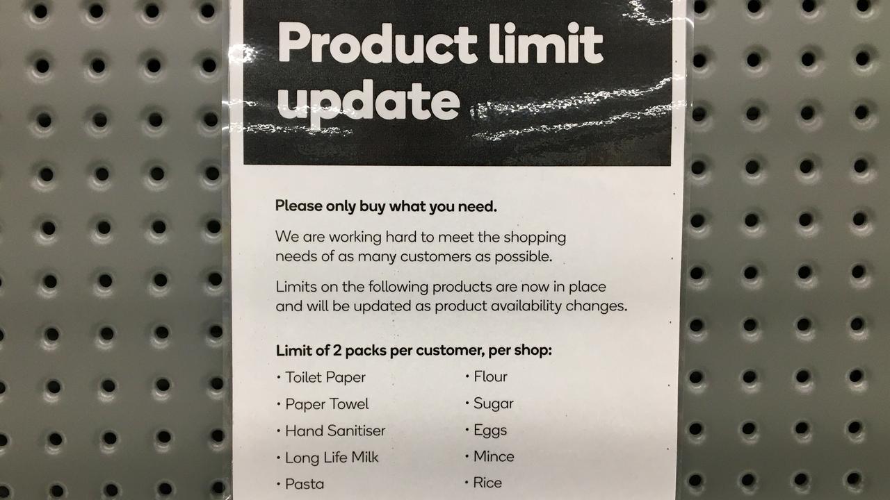 Signage for product limits on a shelf in a Melbourne Woolworths. Picture: James Ross/AAP