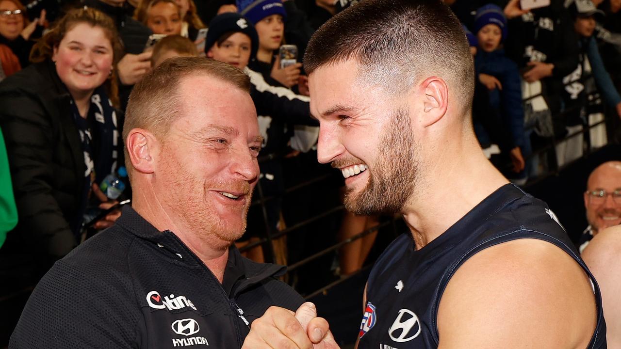 Nic Newman (right) agrees with coach Michael Voss’ assessment that Carlton’s performance against Fremantle was its best of the season. Picture: Getty Images