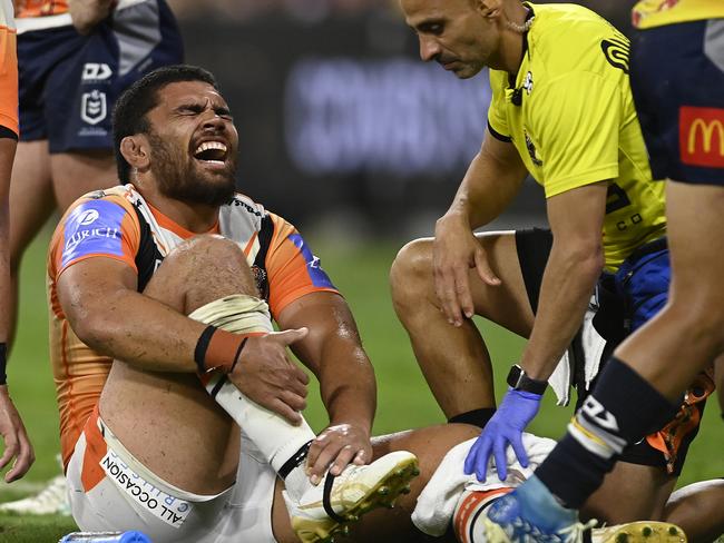 Isaiah Papali'i was ruled out of the game after the Holmes hip drop and will need scnas. Picture: Getty Images