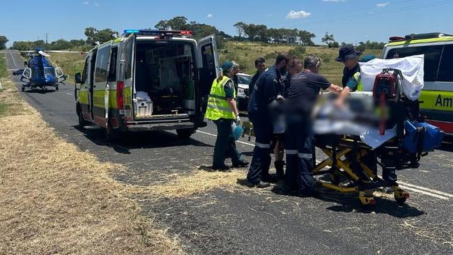 A woman aged in her 80s was flown to Toowoomba Hospital with a shoulder injury after single-vehicle rollover west of the region. Photo: LifeFlight