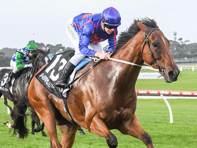 Globe (NZ) ridden by Celine Gaudray wins the King's Coronation Cup at Ladbrokes Park Hillside Racecourse on May 06, 2023 in Springvale, Australia. (Photo by Brett Holburt/Racing Photos)