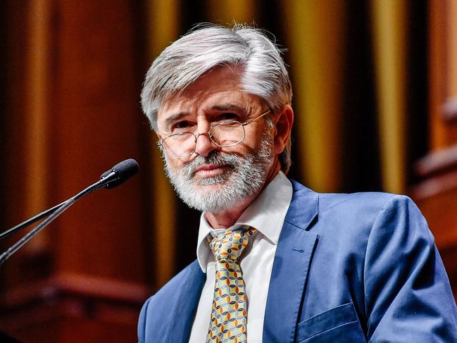 ABC Radio Adelaide's Mornings Presenter David Bevan is seen speaking at the memorial service for Quentin Kenihan at Adelaide Town Hall, Adelaide, Sunday, October 28, 2018. (AAP Image/ Morgan Sette)