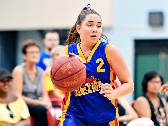 Tracy Village star Erin Geer stood out in her team’s 94-74 win over Ansett in the DBA women’s preliminary final on Friday night. Picture: Michael Franchi