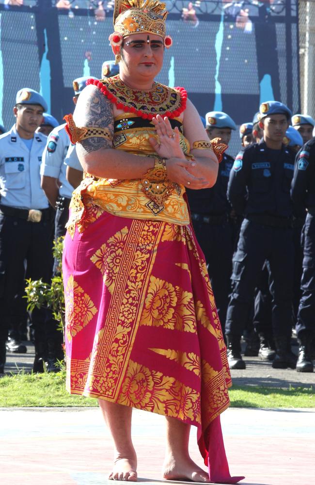 Australian Bali Nine Prisoner Renae Lawrence dancing at a welcoming performance to celebrate Correction Day inside Durg Prison in Bengali, Bali. Picture: Lukman Bintoro/News Corp Australia