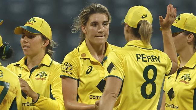 MUMBAI, INDIA - DECEMBER 30: Annabel Sutherland of Australia celebrates the wicket of Richa Ghosh of India during women's One Day International Match between India and Australia at Wankhede Stadium on December 30, 2023 in Mumbai, India. (Photo by Pankaj Nangia/Getty Images)