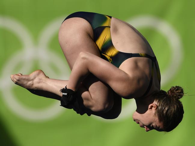 Australia's Brittany O'Brien competes in the Women's 10m Platform Preliminary at the diving event at the Rio 2016 Olympic Games at the Maria Lenk Aquatics Stadium in Rio de Janeiro on August 17, 2016. / AFP PHOTO / Martin BUREAU