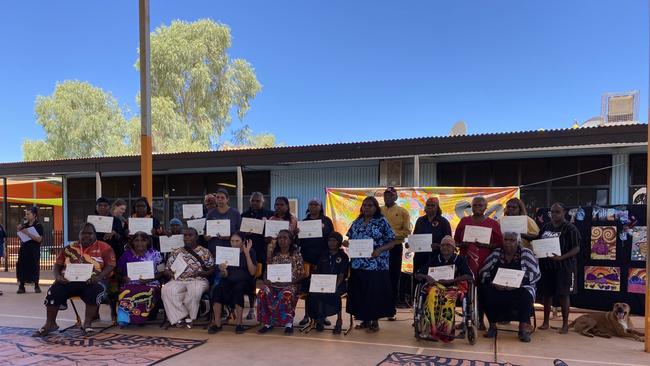 Members of the Yuendumu community proudly acknowledged for their contribution to bilingual education on March 5, 2025, when Yuendumu School celebrated 50 years of bilingual education. Picture: Supplied