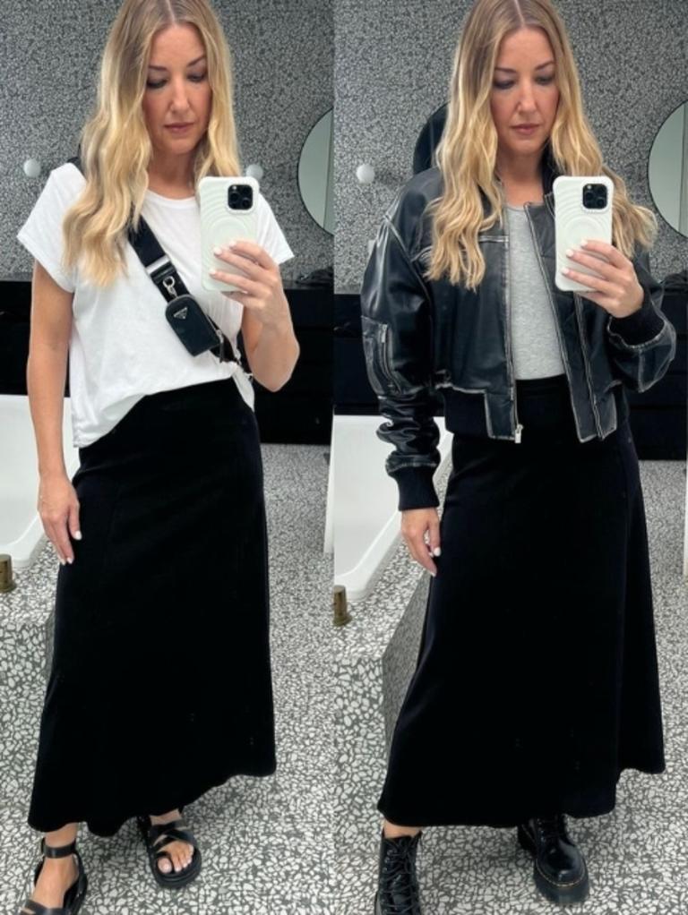 Jules Sebastian stuns in the Atmos&amp;Here Lilee Ponte Flare Midi Skirt. Picture: Instagram/@julessebastian.