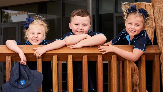 McAuley Community School Reception students Cecilia, 5, Archie, 5 and Ivy, 5. Picture: Matt Loxton