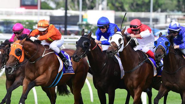 The Harrovian (orange colours) holds off (from left outside him) Gaulois (4th), Niccanova (2nd) and Skate To Paris (3rd) in the Bernborough Plate at Eagle Farm to record his 11th straight win. Picture: Trackside Photography