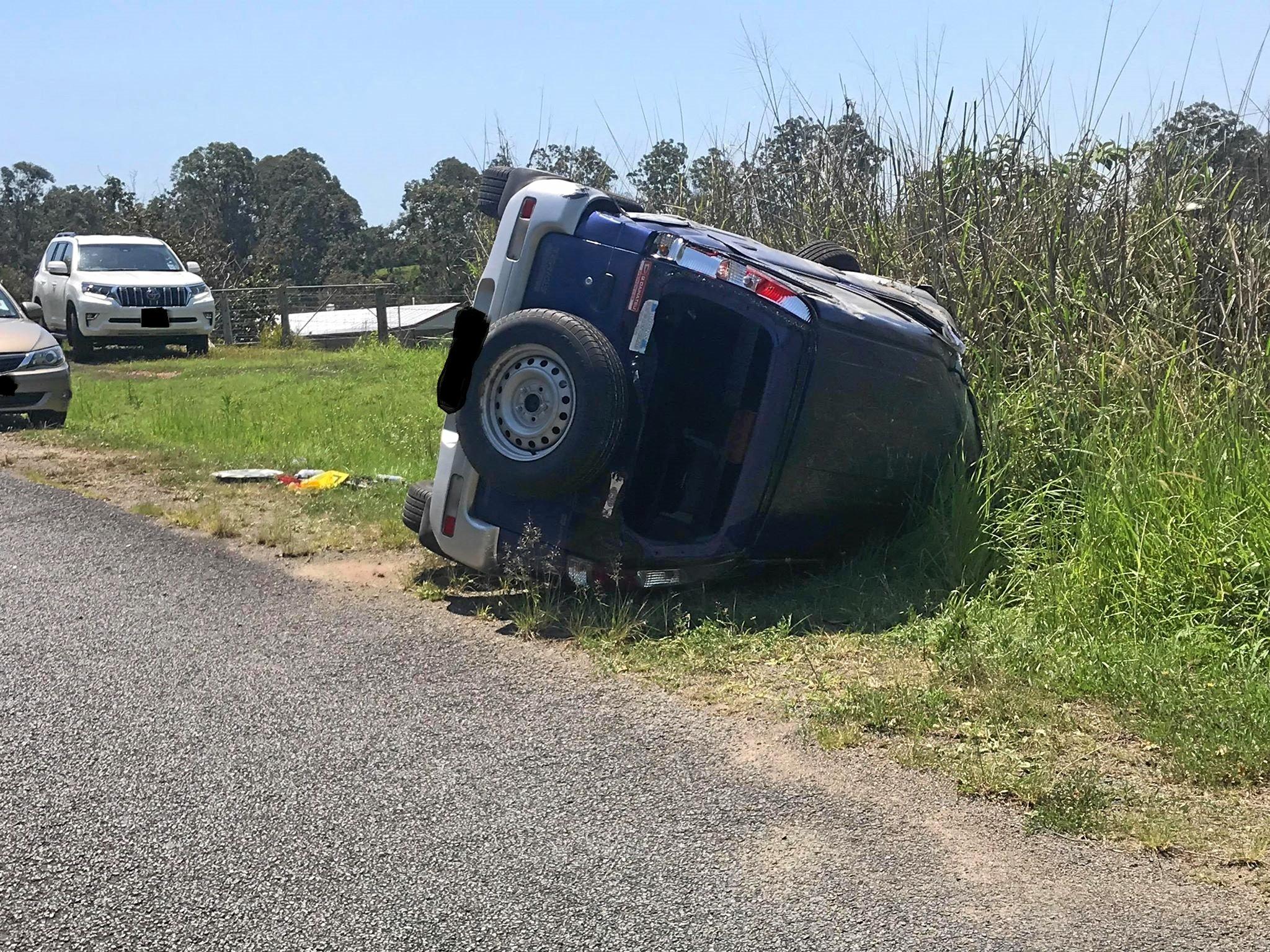 A single vehicle rollover at Veteran left the sole occupant suffering from minor injuries. Picture: Troy Jegers