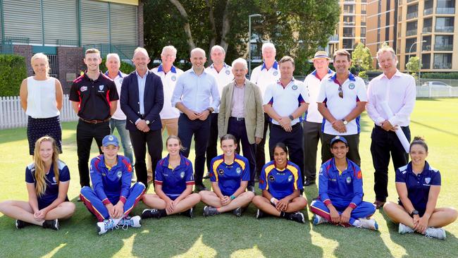 Upcoming talent and Northern Districts Cricket Club representatives with Peter Taylor, Lauren Cheatle, Mark Taylor, Lauren Smith, Hornsby Mayor Phillip Ruddock and Hornsby MP Matt Kean